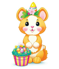 Cute white rabbits in various poses with white backgrounds. colorful Easter eggs vector illustration for kids and adults. Happy Spring holiday