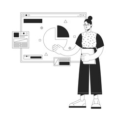 Planning manager black and white concept vector spot illustration. Editable 2D flat monochrome cartoon character for web design. Project tracking, scheduling line art idea for website, mobile, blog