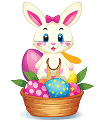 Cute white rabbits in various poses with white backgrounds. colorful Easter eggs vector illustration for kids and adults. Happy Spring holiday