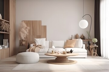 Fototapeta na wymiar White minimalist living room interior with sofa on a wooden floor, decor on a large wall, white landscape in window. Home Nordic interior | Scandinavian interior poster mock up,Generative AI