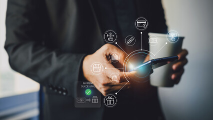 Person with mobile smartphone in hand paying online and online shopping with internet banking application.