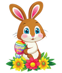 Cute white rabbits in various poses with white backgrounds. colorful Easter eggs vector illustration for kids and adults. Happy Spring holiday