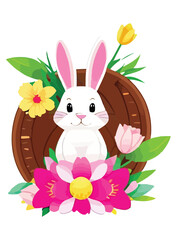 Cute white rabbits in various poses with white backgrounds. colorful Easter eggs vector illustration for kids and adults. Happy Spring holiday