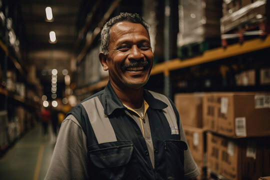 Generative AI illustrative portrait of happy positive mature ethnic latin male store keeper in casual clothes smiling and looking at camera