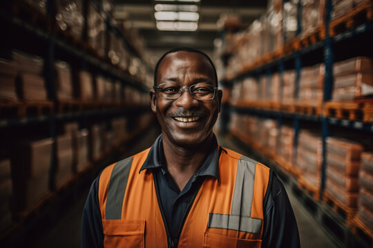 Generative AI illustrative portrait of cheerful African American male warehouse worker in uniform clothes and glasses smiling and looking at camera