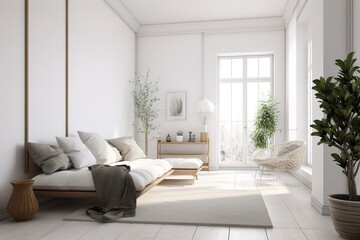 Naklejka na ściany i meble White minimalist living room interior with sofa on a wooden floor, decor on a large wall, white landscape in window. Home Nordic interior | Scandinavian interior poster mock up,Generative AI