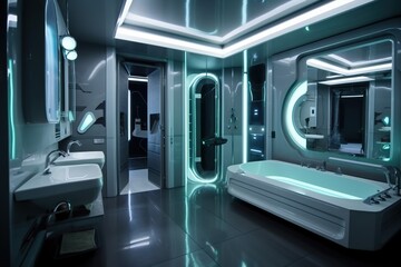 Designing a bathrom modern and sleek aesthetic,tiles,water, spa rary and artistic feel, Chosing the right lighting for bathrom , generative artificial intelligence