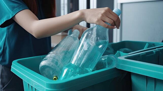 Close up woman putting plastic bottles into recycle. Generative AI