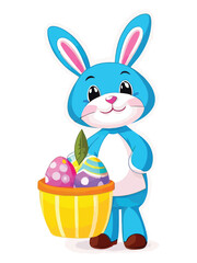 Cute white rabbits in various poses with white backgrounds. colorful Easter eggs vector illustration for kids and adults. Happy Spring holiday