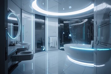 Designing a bathrom modern and sleek aesthetic,tiles,water, spa rary and artistic feel, Chosing the right lighting for bathrom , generative artificial intelligence