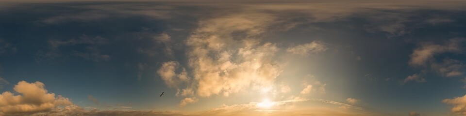 Blue sky panorama with Cirrus clouds in Seamless spherical equirectangular format. Full zenith for use in 3D graphics, game and editing aerial drone 360 degree panoramas for sky replacement.