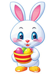 Cute white rabbits in various poses with white backgrounds. colorful Easter eggs vector illustration for kids and adults. Happy Spring holiday