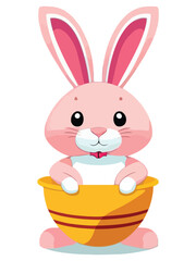 Cute white rabbits in various poses with white backgrounds. colorful Easter eggs vector illustration for kids and adults. Happy Spring holiday