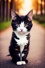 Naklejka na ściany i meble Portrait of a adorable cat, funny and cute face closeup, isolated on beautiful bokeh background, created with generative ai