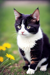 Portrait of a adorable cat, funny and cute face closeup, isolated on beautiful bokeh background, created with generative ai