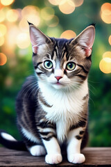 Obraz premium Portrait of a adorable cat, funny and cute face closeup, isolated on beautiful bokeh background, created with generative ai