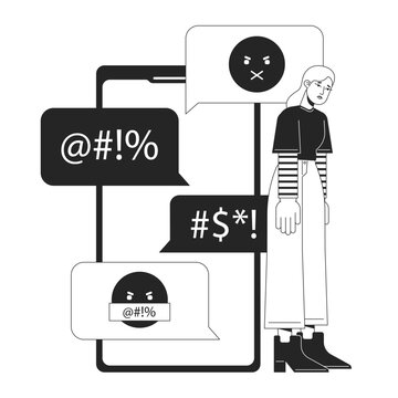 Cyberbullying victim black and white concept vector spot illustration. Editable 2D flat monochrome cartoon character for web design. Social media harassment line art idea for website, mobile, blog