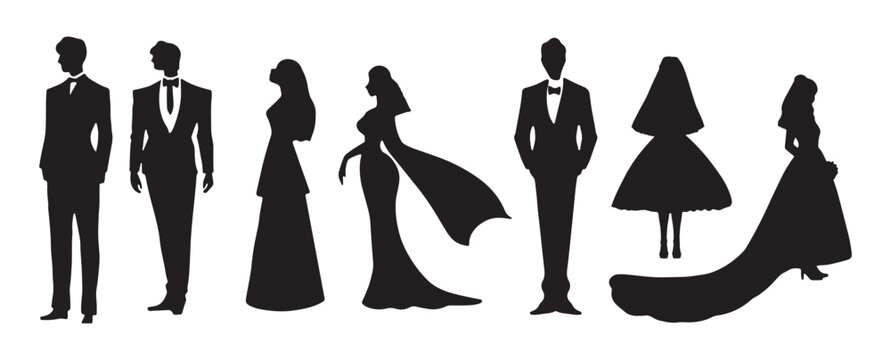 Silhouette of a bride in a magnificent dress and grooms in a suit. Vector print for wedding salon or wedding hall design. Happy wedding invitation design