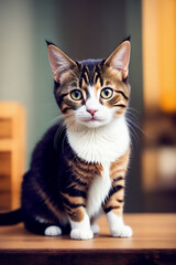 Obraz premium Portrait of a adorable cat, funny and cute face closeup, isolated on beautiful bokeh background, created with generative ai
