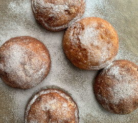 Gluten and sugar-free donuts, homemade, with quark filling, erythritol powdered sugar