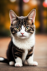 Fototapeta premium Portrait of a adorable cat, funny and cute face closeup, isolated on beautiful bokeh background, created with generative ai