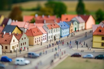 City life with living building facades and people walking at street, aerial view. Urban infrastructure. Model of city street in miniature, tilt shift. Created with Generative AI