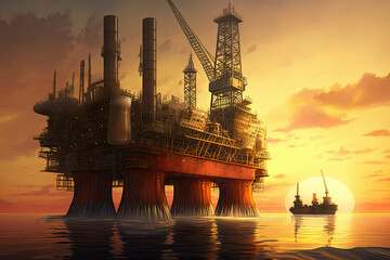 Offshore drilling rig at sea. Platform for oil production. Oil and gas industry. Generative AI