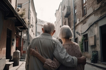 Obraz na płótnie Canvas Back view of an elderly couple at city street. Elderly man and woman are walking together, having romantic relationship. Happy old age. Created with Generative AI