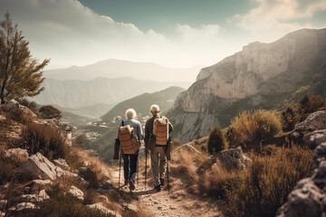 Obraz premium Senior couple hiking in mountains. Elderly tourists with bikepacks travelling outdoor. Active lifestyle in old age. Created with Generative AI