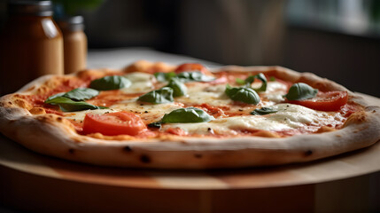 Authentic Margherita Pizza with Fresh Mozzarella and Basil on Wooden Board. Generative AI