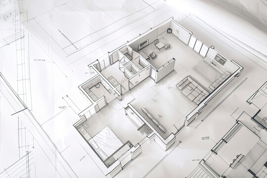 Architectural plan on white paper. Technical project of living room. Drawing for construction. Created with Generative AI