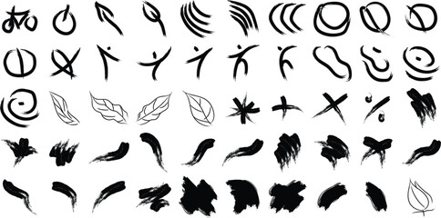 Naklejka premium Hand Drawn Organic Shapes Dry Brush Stroke Black Set 50