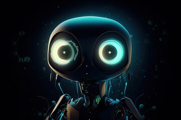 Obraz na płótnie Canvas Visualization of robot assistant or chat bot on web site. Cute robot with big eyes on dark background. Created with Generative AI