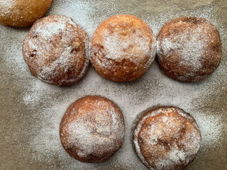 Gluten and sugar-free donuts, homemade, with quark filling, erythritol powdered sugar