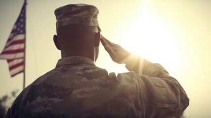 AI generated photo of an American soldier saluting the flag of the United States of America. - obrazy, fototapety, plakaty
