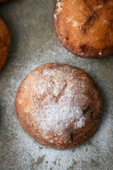 Gluten and sugar-free donuts, homemade, with quark filling, erythritol powdered sugar
