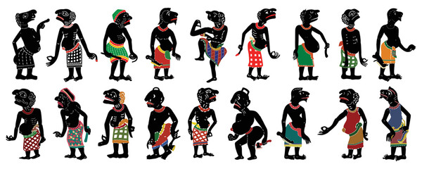 Thai Shadow Puppet in traditional costume. Vector set of leather shadow puppet character.