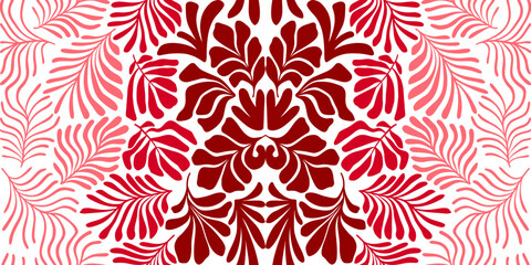 Red white abstract background with tropical palm leaves in Matisse style. Vector seamless pattern with Scandinavian cut out elements. - obrazy, fototapety, plakaty