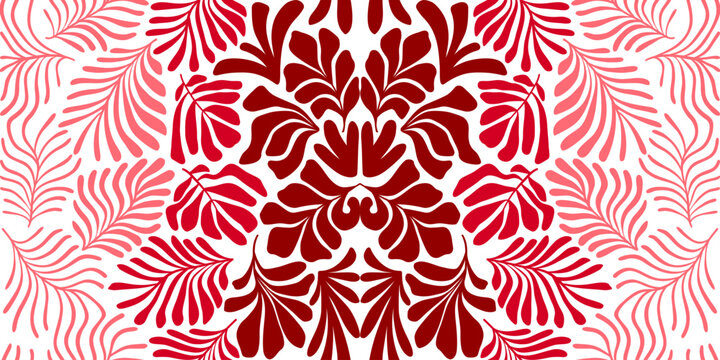 Fototapeta Red white abstract background with tropical palm leaves in Matisse style. Vector seamless pattern with Scandinavian cut out elements.