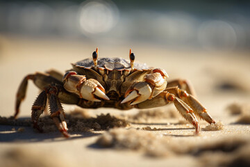 Fototapeta na wymiar A crab crawls on a sandy beach under the bright sun. The waves of the sea can be seen in the background . Generative AI