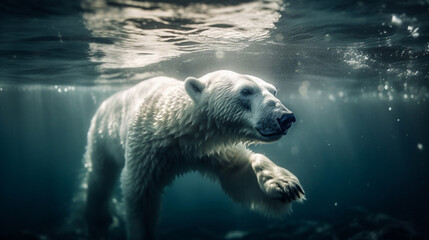 Obraz na płótnie Canvas an arctic polar bear as it dives in the sea, Generative AI