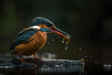 the beauty of nature as a kingfisher catches a fish in cinematic lighting, Generative AI