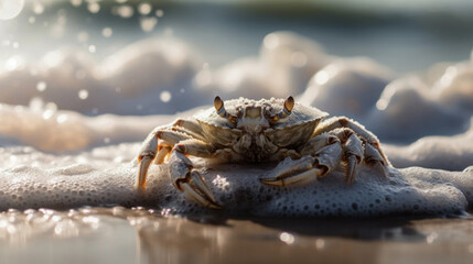 A crab crawls on a sandy beach under the bright sun. The waves of the sea can be seen in the background . Generative AI