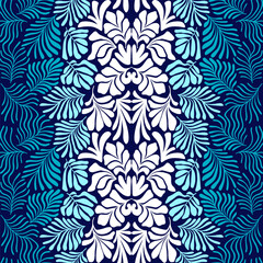 Blue white abstract background with tropical palm leaves in Matisse style. Vector seamless pattern with Scandinavian cut out elements.