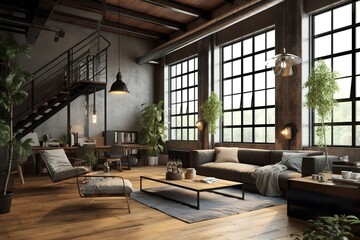 Fototapeta na wymiar High ceiling loft living room 3d render. There are white brick wall,polished concrete floor and black steel structure,There are large windows look out to see the nature ,Generative AI