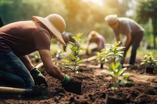 People Planting Trees Or Working In Community Garden Promoting Local Food Production And Habitat Restoration, Concept Of Sustainability And Community Engagement, Generative AI