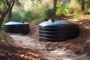 Plastic underground storage tanks placed below ground for harvesting rainwater. Generative ai.
