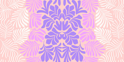 Pastel pink purple brown abstract background with tropical palm leaves in Matisse style. Vector seamless pattern with Scandinavian cut out elements.