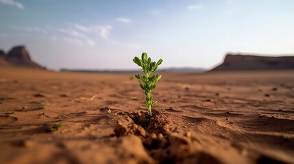 Solitary green sprout growing out of the desert soil with desert mountains in the background - obrazy, fototapety, plakaty