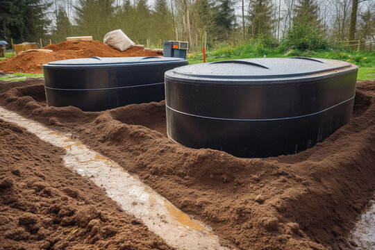 Plastic underground storage tanks placed below ground for harvesting rainwater. Generative ai.
